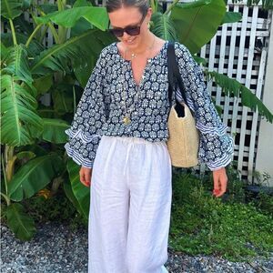 Madison Mathews OLIVE Shirt Palm fronds hand block small